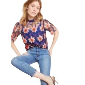 Anthropologie NEW Callaway Swing Blouse Sheer Embroidered with Cami Women's 10